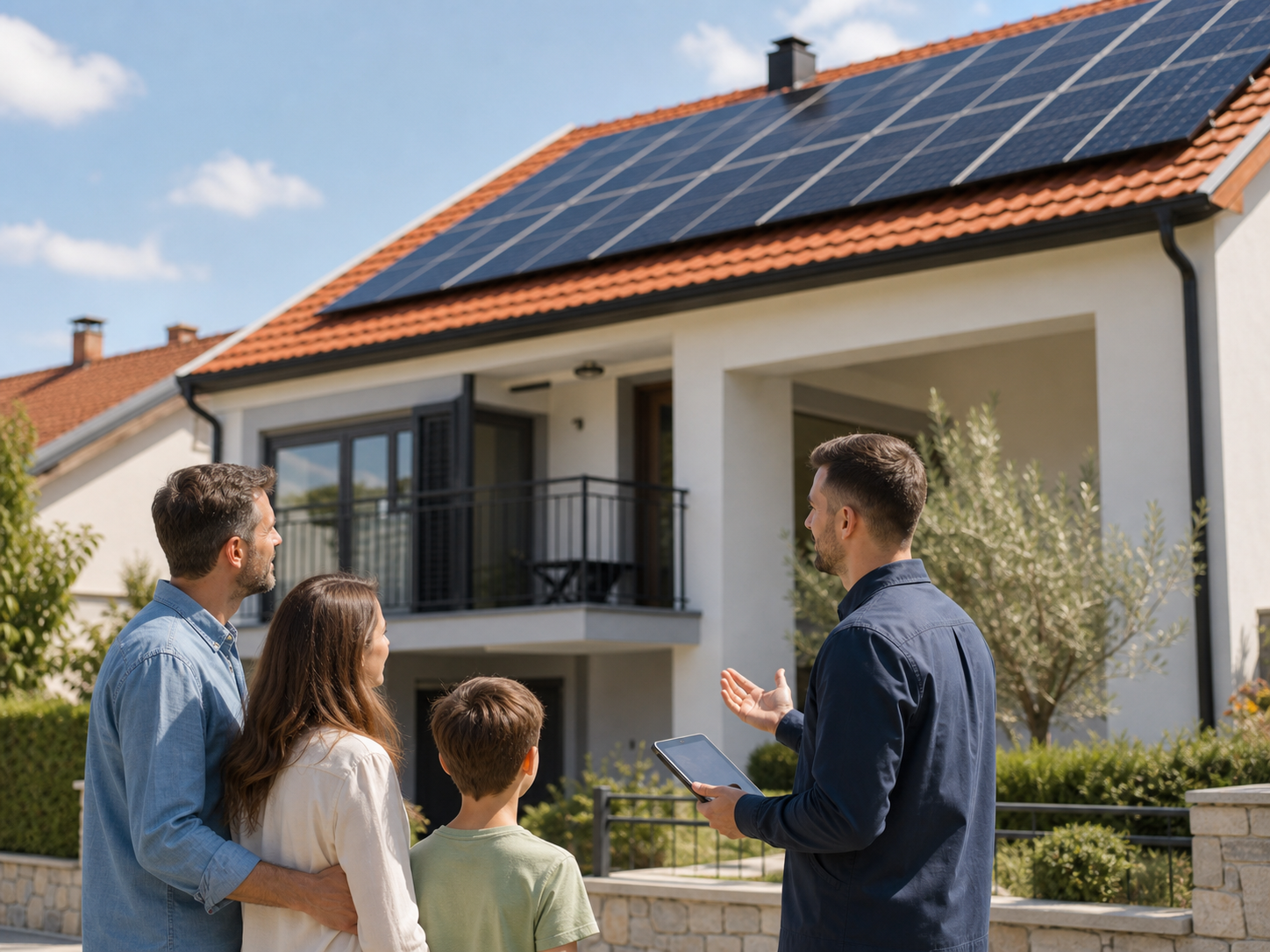 Obitelj i solarni savjetnik ispred ku?e sa solarnim panelima